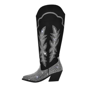 Black Knee High Rhinestone Boots Western Cowboy Boots