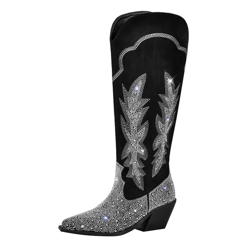 Black Knee High Rhinestone Boots Western Cowboy Boots