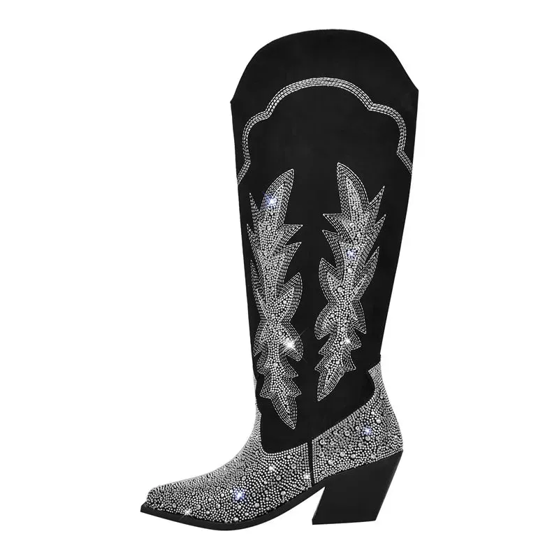Black Knee High Rhinestone Boots Western Cowboy Boots