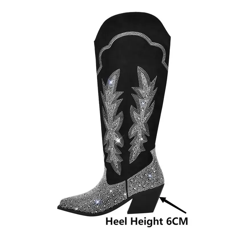 Black Knee High Rhinestone Boots Western Cowboy Boots