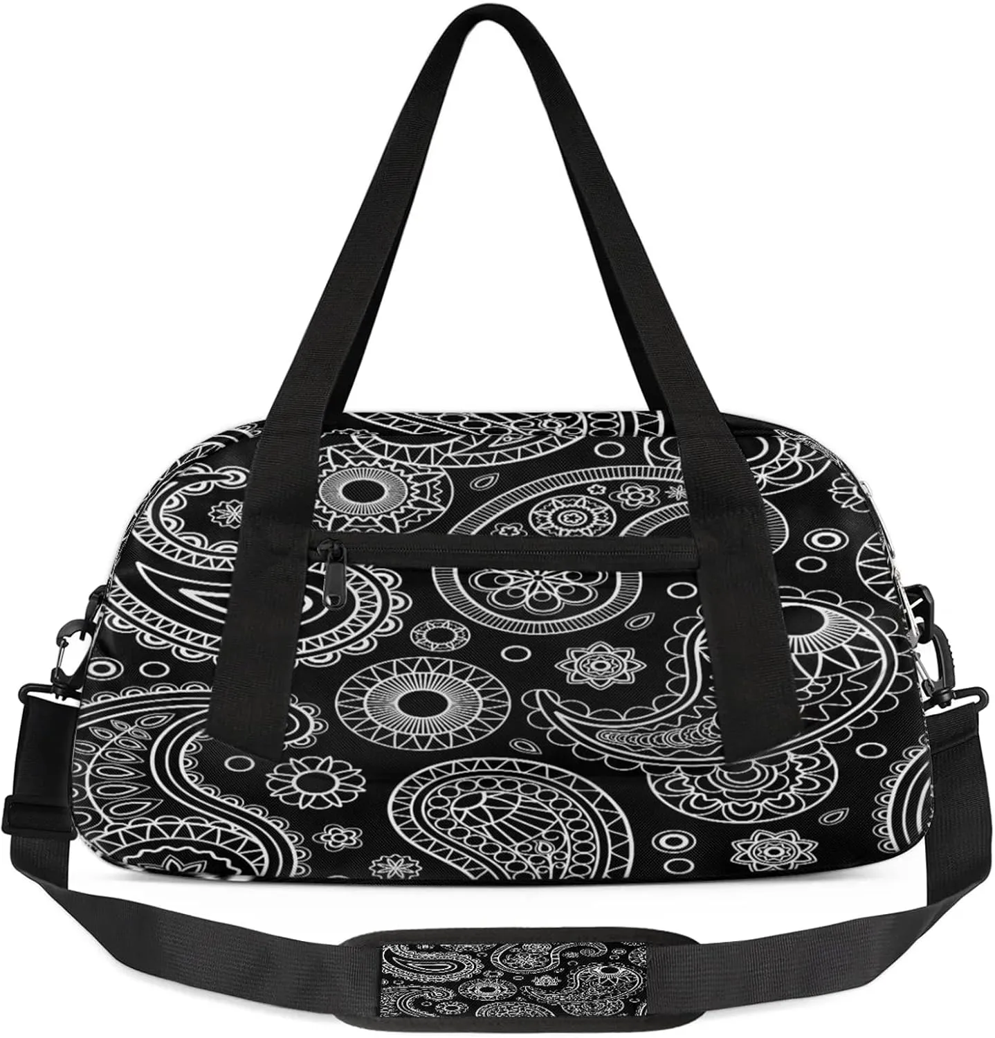 Black Seamless Paisley Pattern Kids Duffel Bag Lightweight Waterproof Sports Gym Bag with Front Zipper Pocket Foldable Weekender Overnight Bag for School Practice Gymnastic Ballet