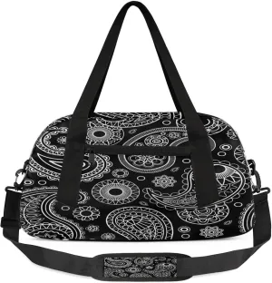 Black Seamless Paisley Pattern Kids Duffel Bag Lightweight Waterproof Sports Gym Bag with Front Zipper Pocket Foldable Weekender Overnight Bag for School Practice Gymnastic Ballet