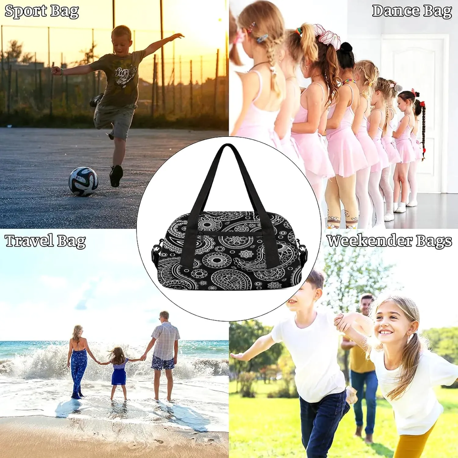 Black Seamless Paisley Pattern Kids Duffel Bag Lightweight Waterproof Sports Gym Bag with Front Zipper Pocket Foldable Weekender Overnight Bag for School Practice Gymnastic Ballet