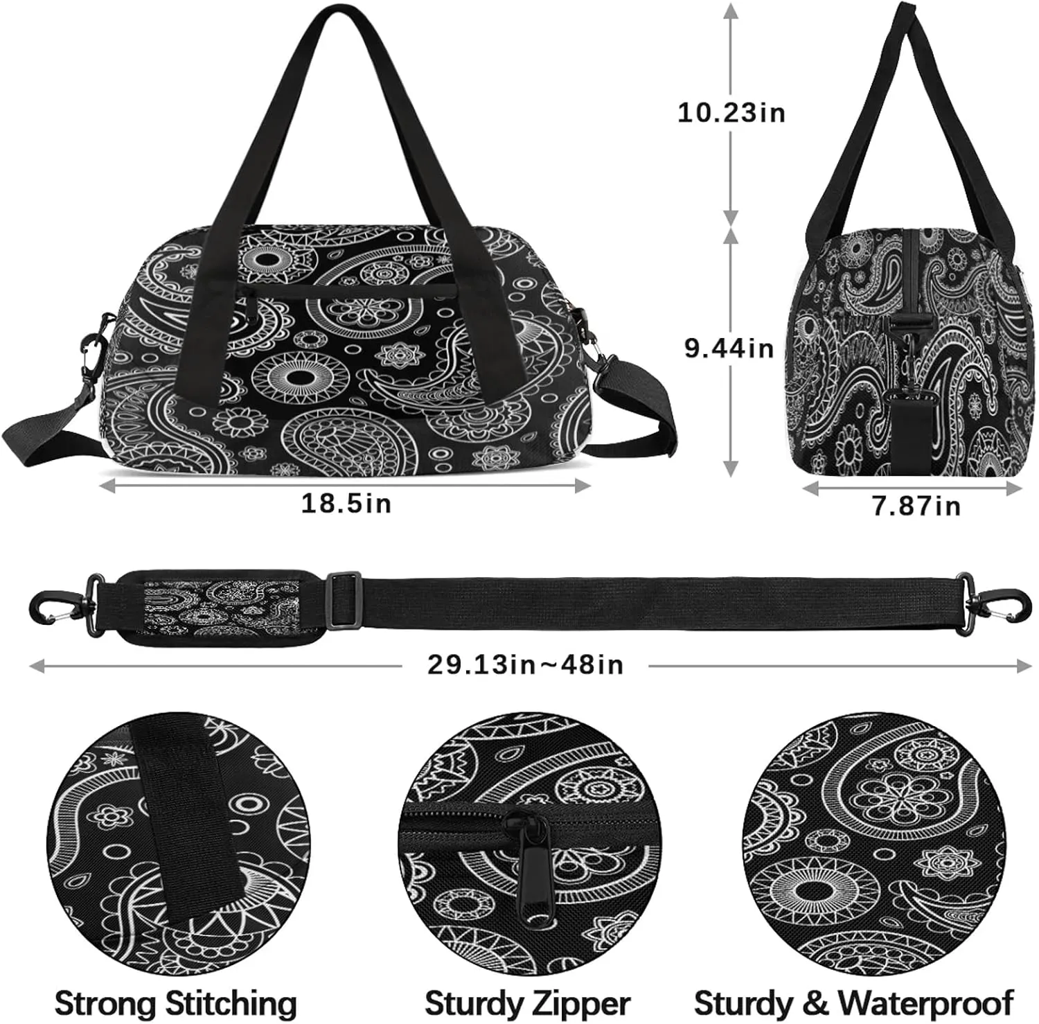 Black Seamless Paisley Pattern Kids Duffel Bag Lightweight Waterproof Sports Gym Bag with Front Zipper Pocket Foldable Weekender Overnight Bag for School Practice Gymnastic Ballet