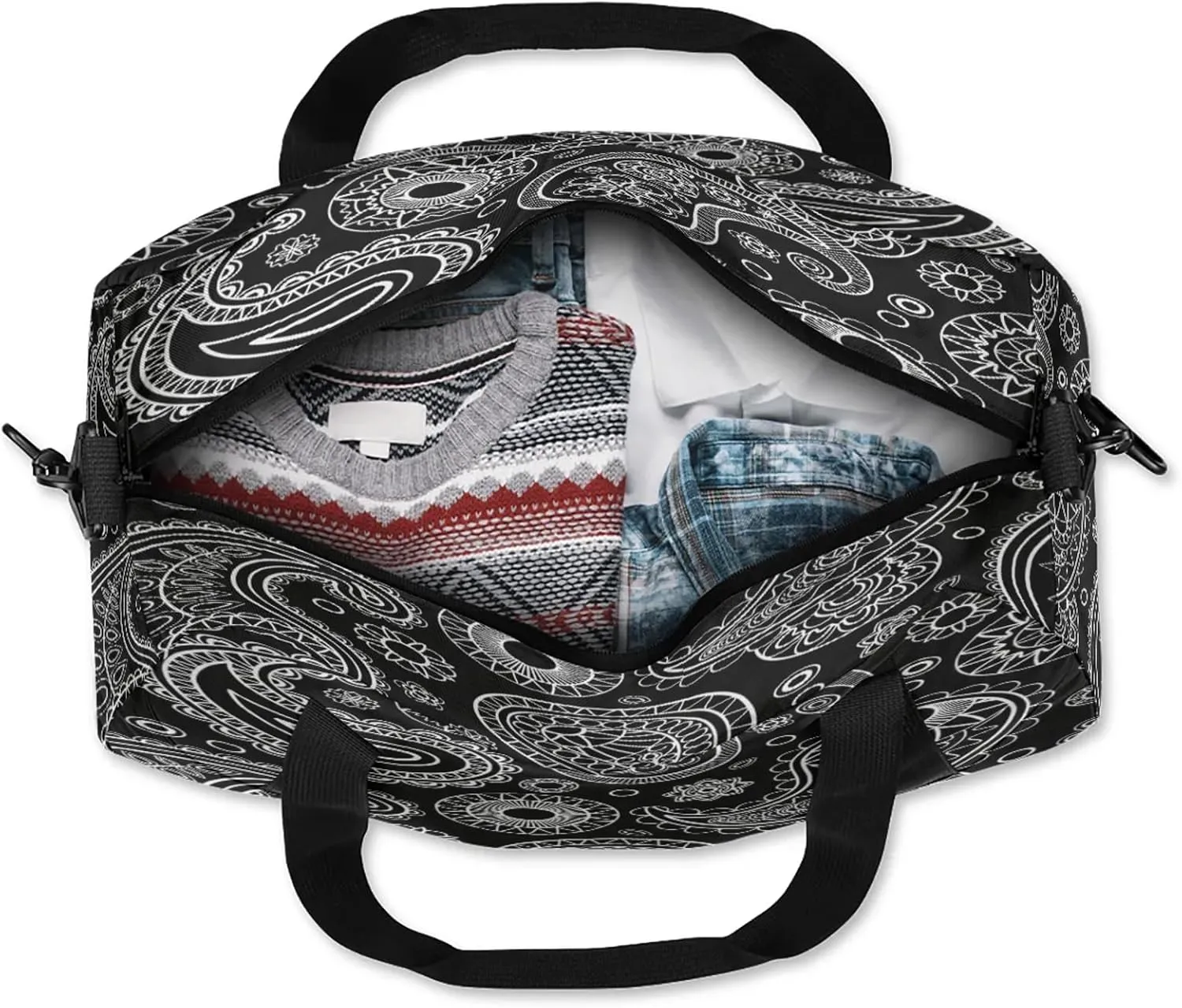 Black Seamless Paisley Pattern Kids Duffel Bag Lightweight Waterproof Sports Gym Bag with Front Zipper Pocket Foldable Weekender Overnight Bag for School Practice Gymnastic Ballet
