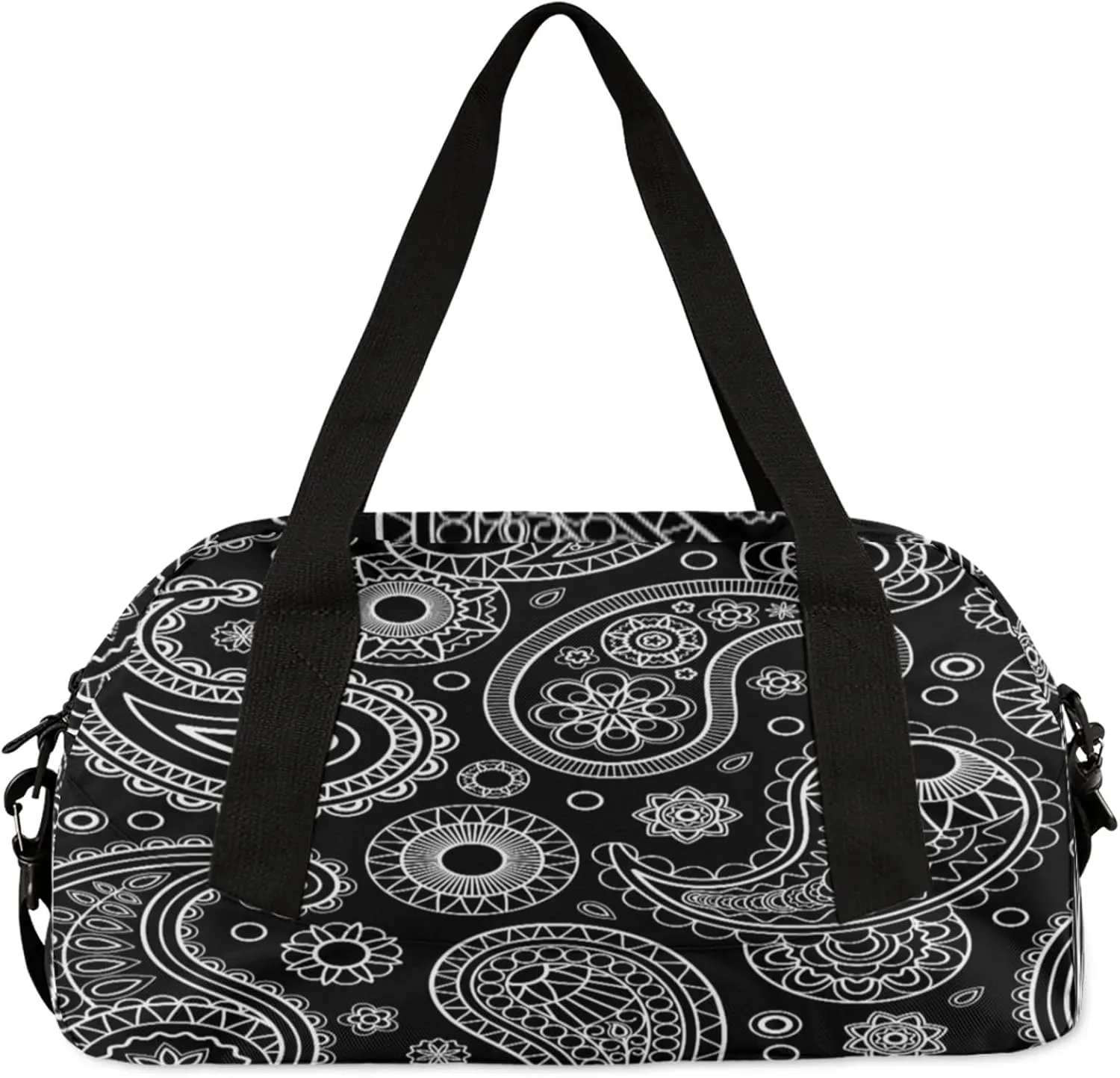 Black Seamless Paisley Pattern Kids Duffel Bag Lightweight Waterproof Sports Gym Bag with Front Zipper Pocket Foldable Weekender Overnight Bag for School Practice Gymnastic Ballet
