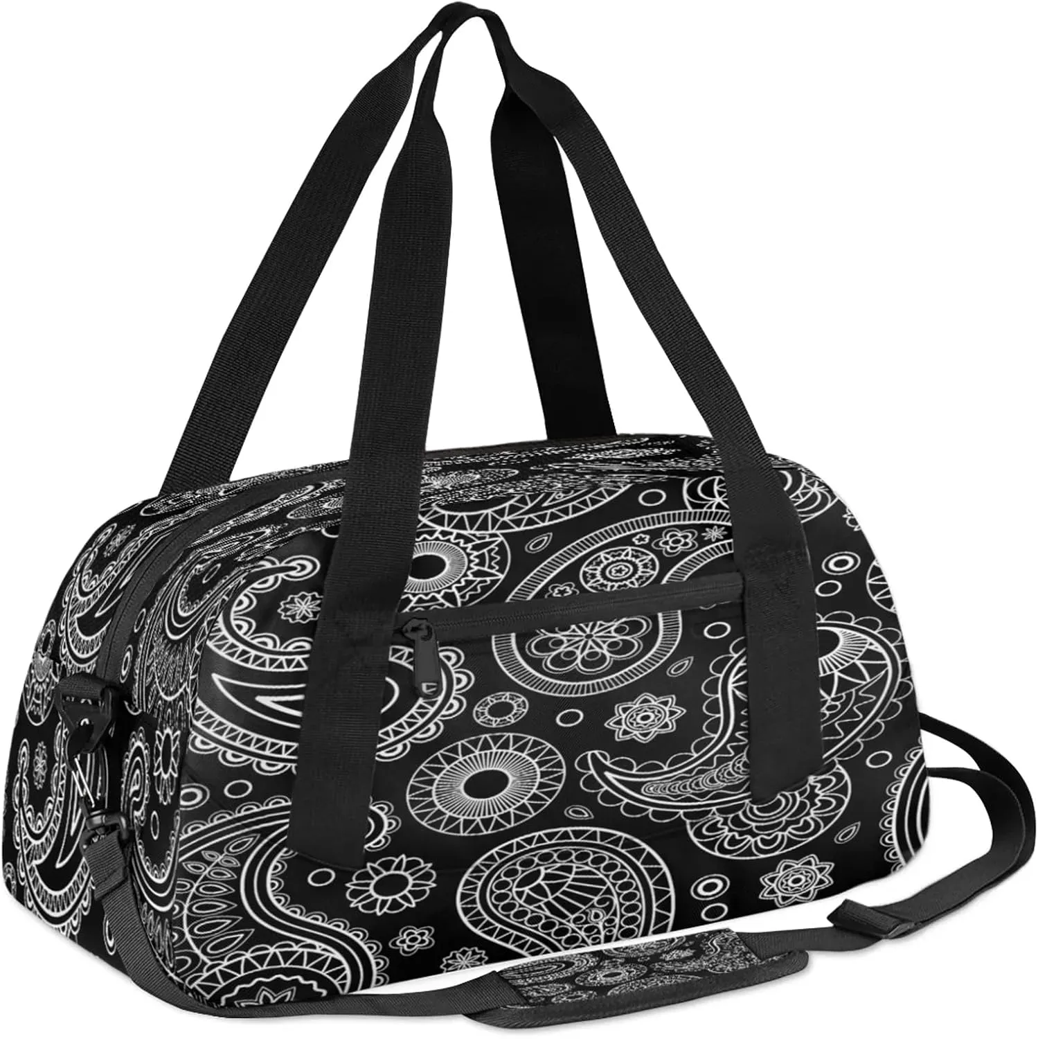 Black Seamless Paisley Pattern Kids Duffel Bag Lightweight Waterproof Sports Gym Bag with Front Zipper Pocket Foldable Weekender Overnight Bag for School Practice Gymnastic Ballet