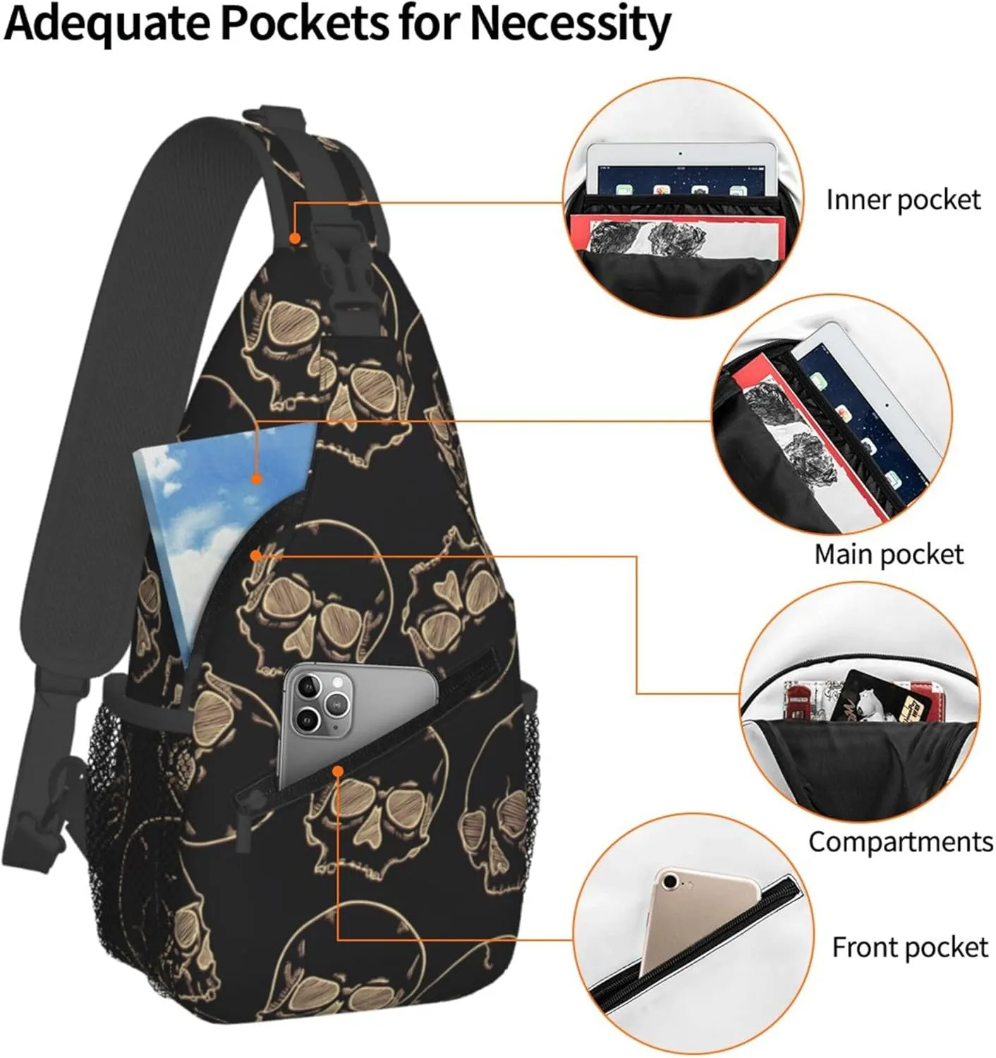 Black Skull Pattern Sling Backpack Crossbody Bag, Chest Bag Daypack Fanny Pack Cross Body Bag for Outdoors Hiking Traveling