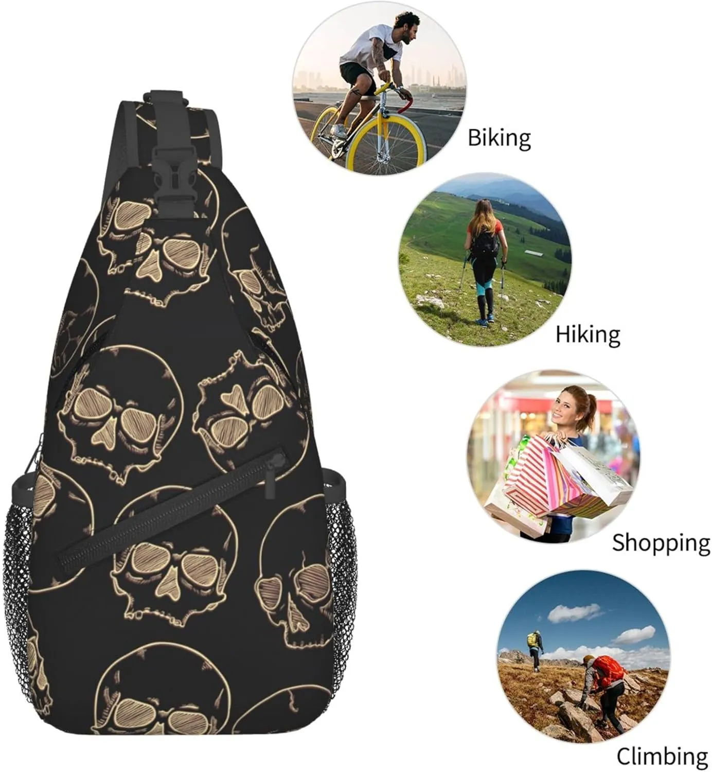 Black Skull Pattern Sling Backpack Crossbody Bag, Chest Bag Daypack Fanny Pack Cross Body Bag for Outdoors Hiking Traveling