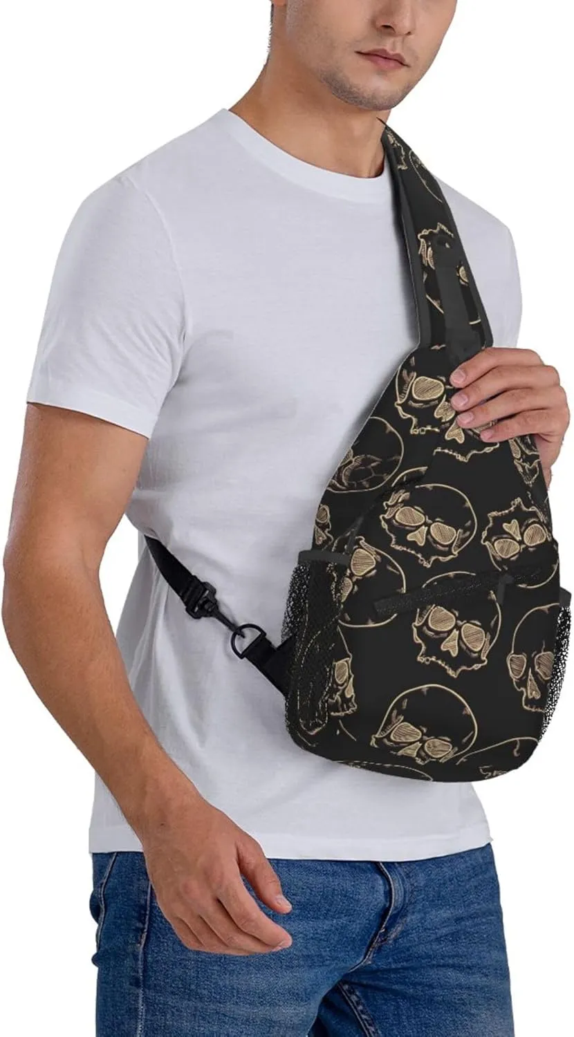 Black Skull Pattern Sling Backpack Crossbody Bag, Chest Bag Daypack Fanny Pack Cross Body Bag for Outdoors Hiking Traveling