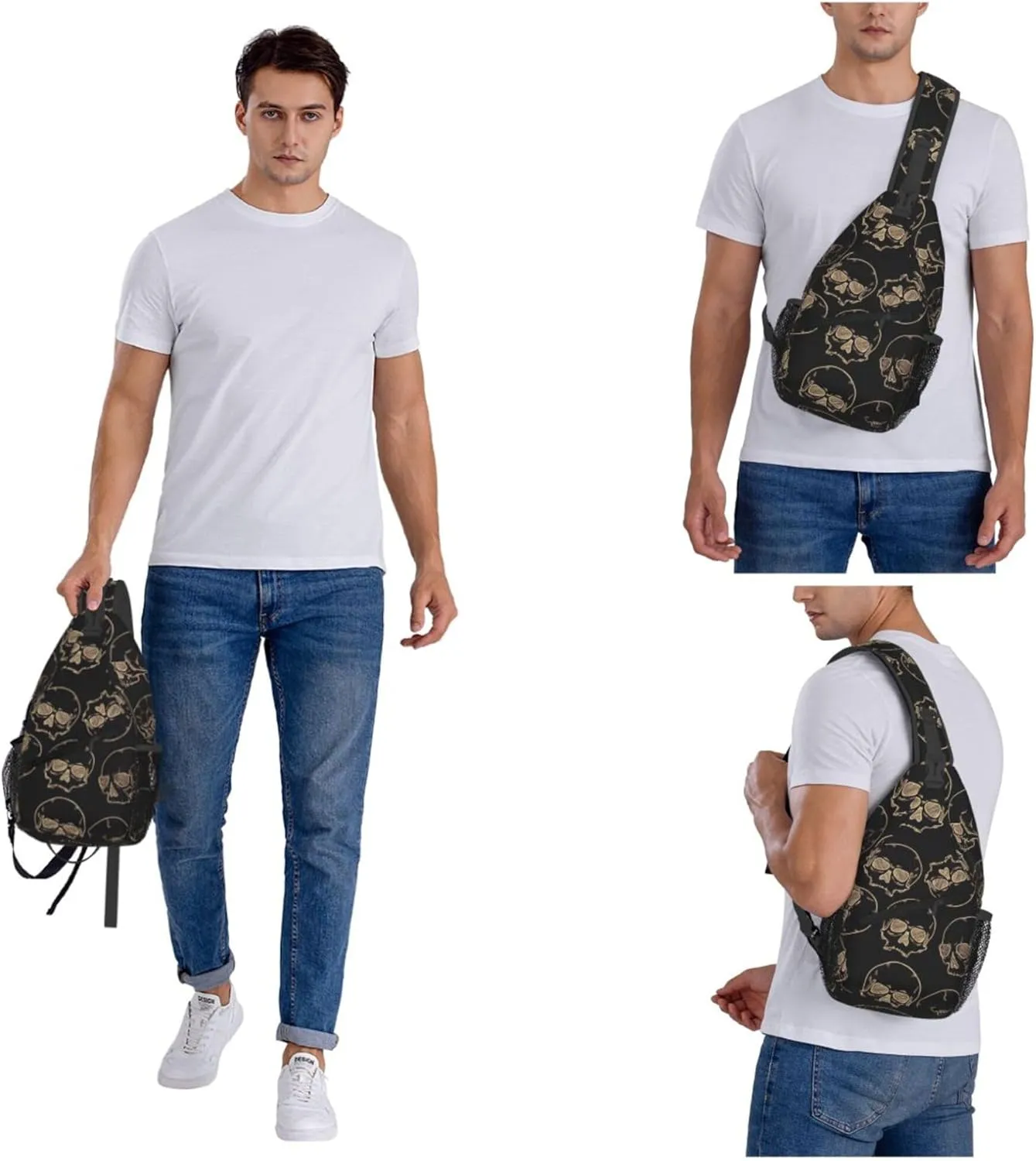 Black Skull Pattern Sling Backpack Crossbody Bag, Chest Bag Daypack Fanny Pack Cross Body Bag for Outdoors Hiking Traveling