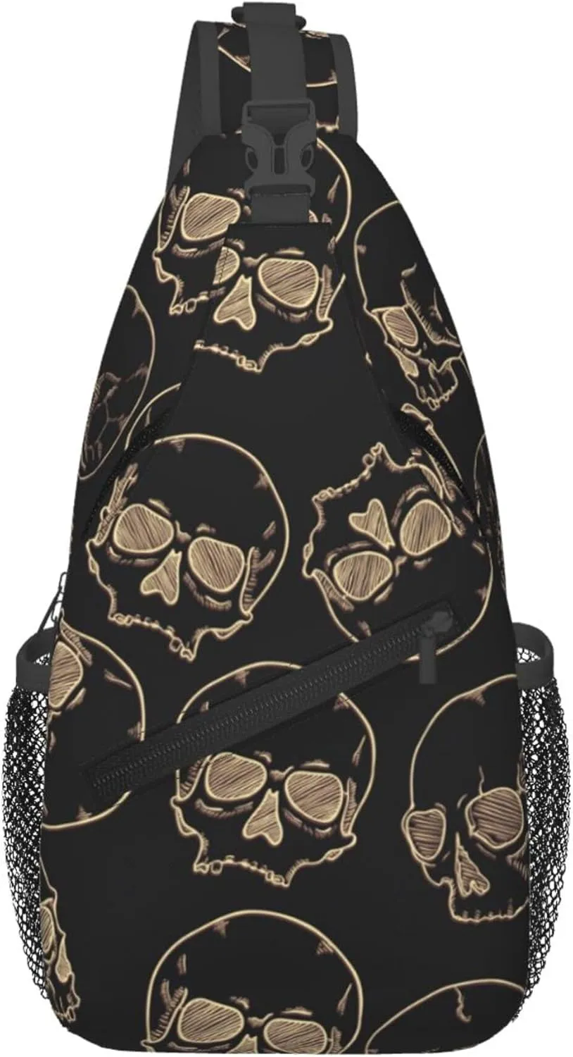 Black Skull Pattern Sling Backpack Crossbody Bag, Chest Bag Daypack Fanny Pack Cross Body Bag for Outdoors Hiking Traveling