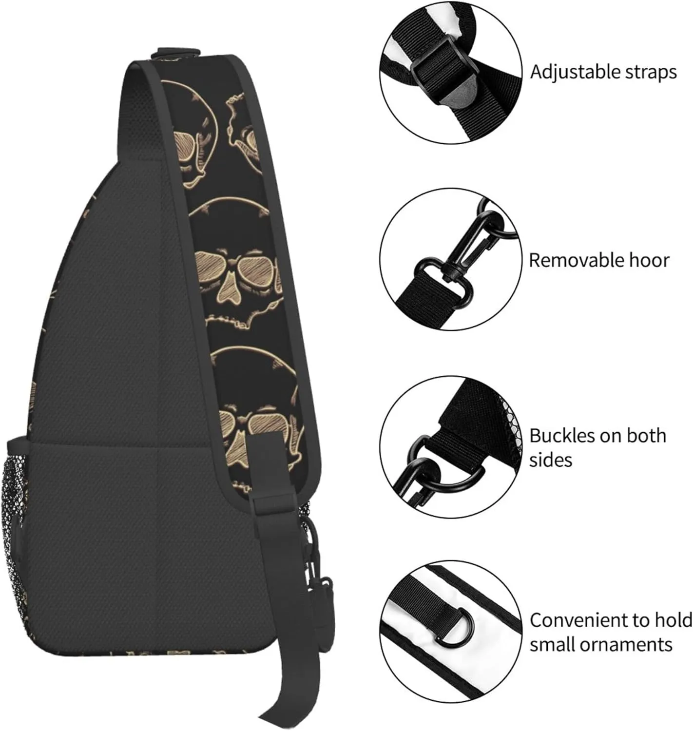 Black Skull Pattern Sling Backpack Crossbody Bag, Chest Bag Daypack Fanny Pack Cross Body Bag for Outdoors Hiking Traveling