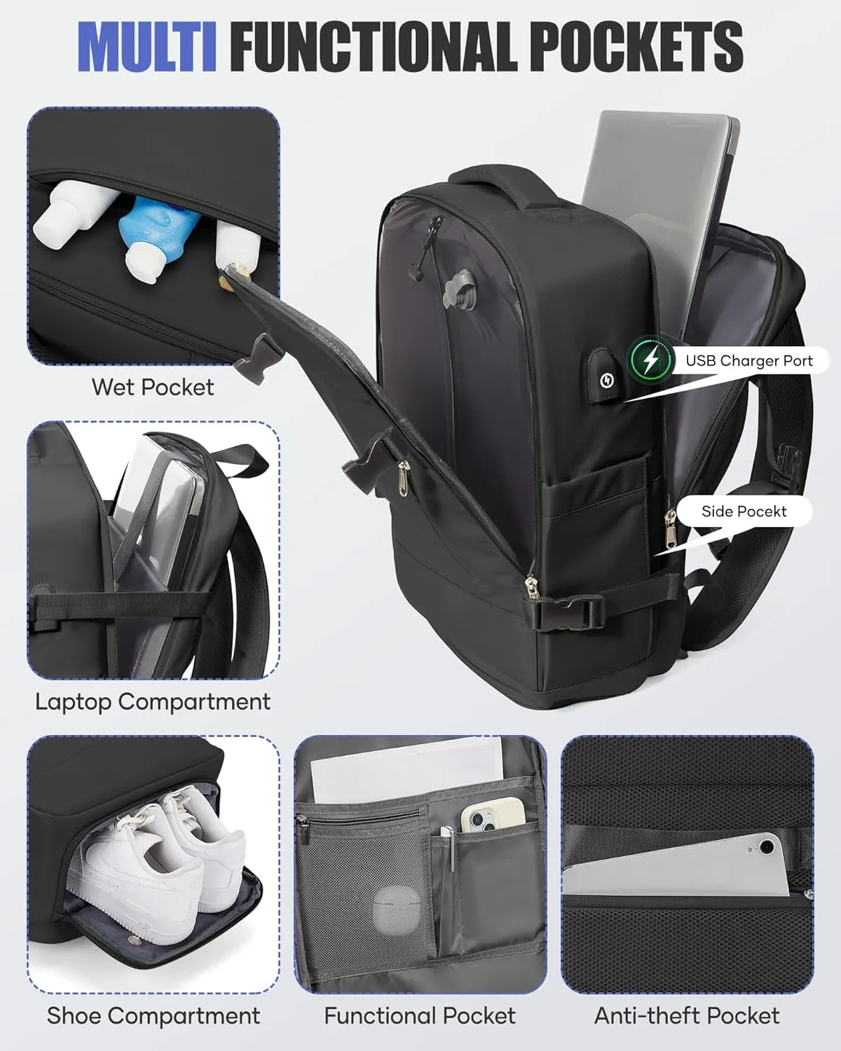 Black Travel Vacuum Backpack Airback Vacpack Seal Packing Backpack with Pump Storage Vacuum Compression Seal Bags Carrry on Flight Approved Personal Item Compression Laptop Work Back Pack
