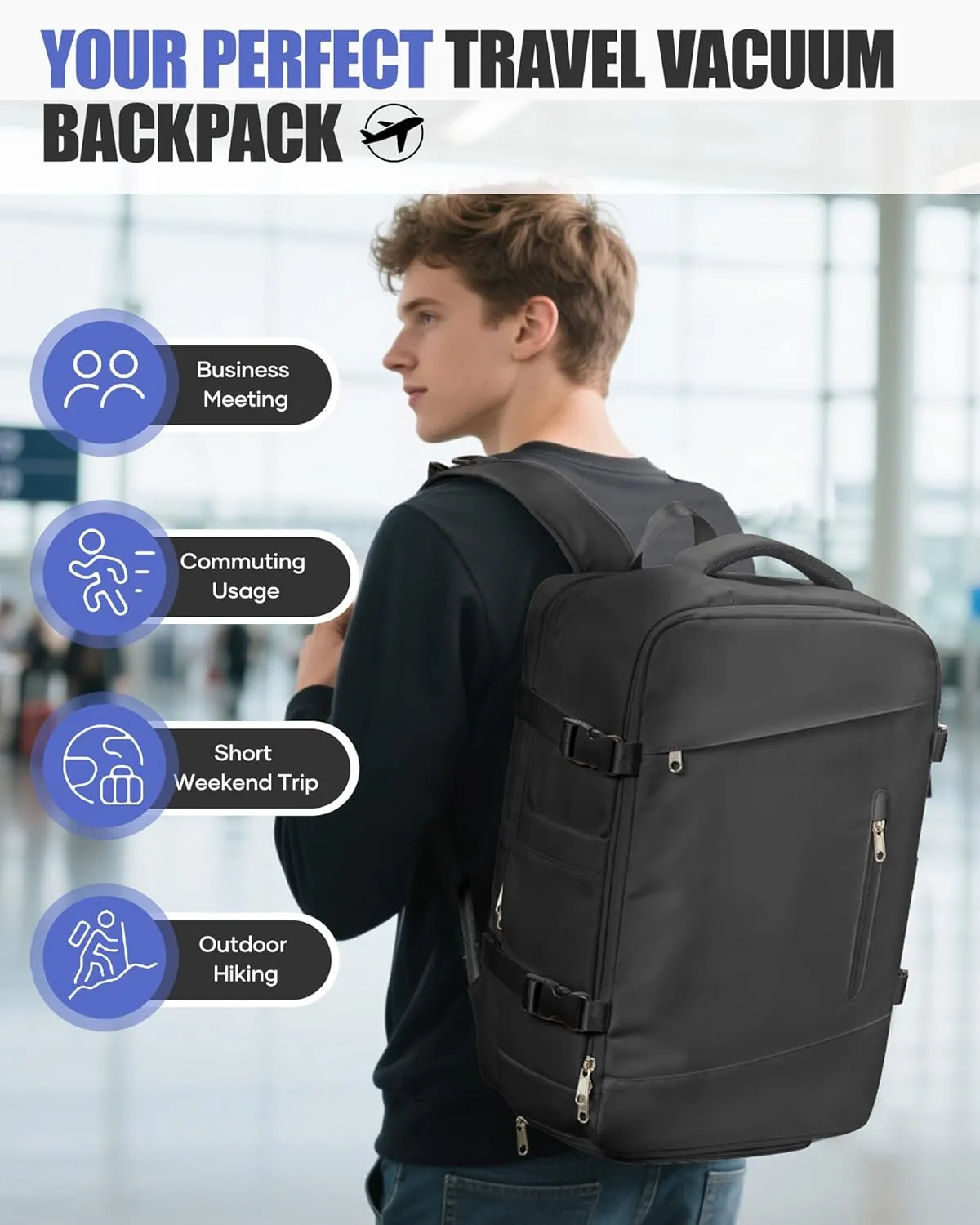 Black Travel Vacuum Backpack Airback Vacpack Seal Packing Backpack with Pump Storage Vacuum Compression Seal Bags Carrry on Flight Approved Personal Item Compression Laptop Work Back Pack