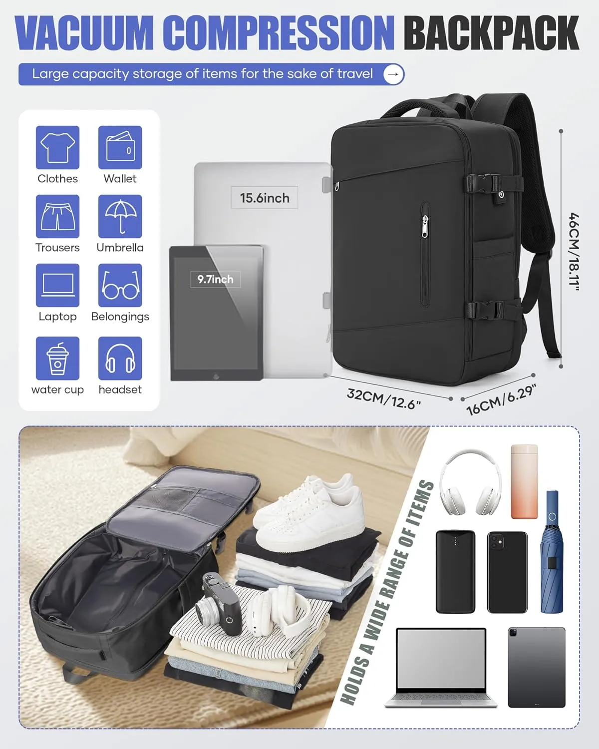 Black Travel Vacuum Backpack Airback Vacpack Seal Packing Backpack with Pump Storage Vacuum Compression Seal Bags Carrry on Flight Approved Personal Item Compression Laptop Work Back Pack