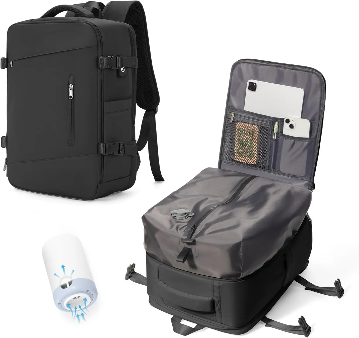 Black Travel Vacuum Backpack Airback Vacpack Seal Packing Backpack with Pump Storage Vacuum Compression Seal Bags Carrry on Flight Approved Personal Item Compression Laptop Work Back Pack
