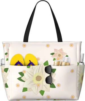 Blooming Hexagonal White Large Capacity Waterproof Sandproof With Zipper Beach Bag 17.7x6.7x15in For Gym Grocery Store Travel Camping