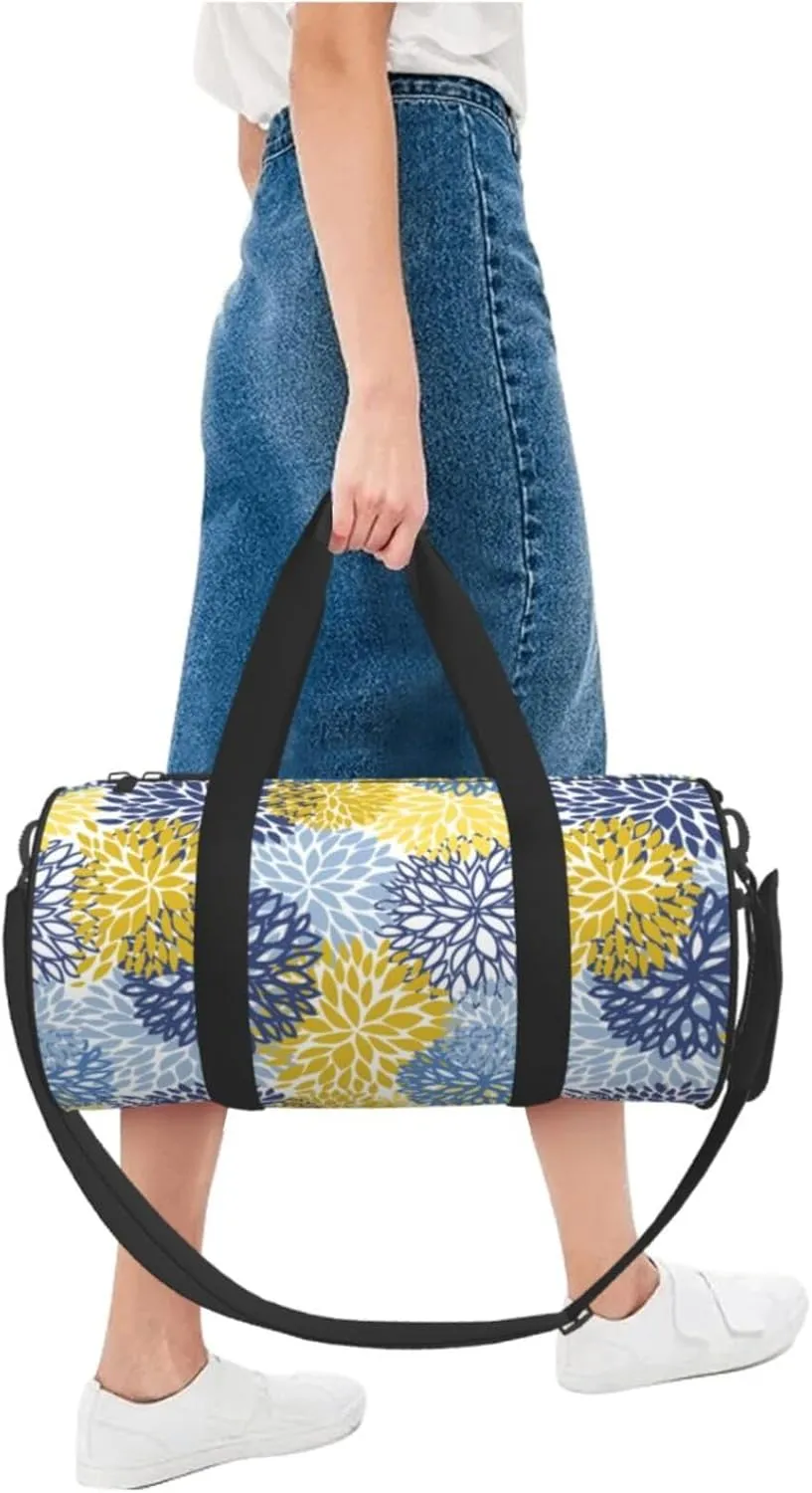 Blue Yellow And Navy Chrysanthemum Flowers Sports Gym Bag Daisy Floral Travel Duffel Bag Shoes Compartment For Men Women Foldable Lightweight Yoga Gym Sports Bag