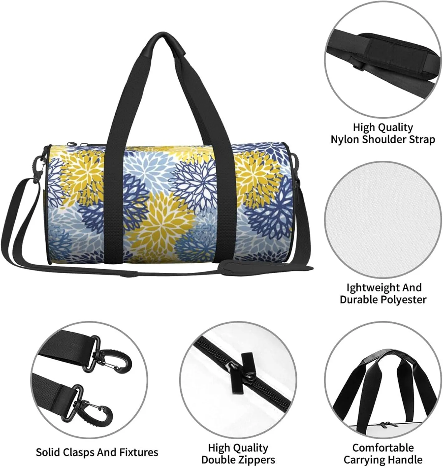 Blue Yellow And Navy Chrysanthemum Flowers Sports Gym Bag Daisy Floral Travel Duffel Bag Shoes Compartment For Men Women Foldable Lightweight Yoga Gym Sports Bag