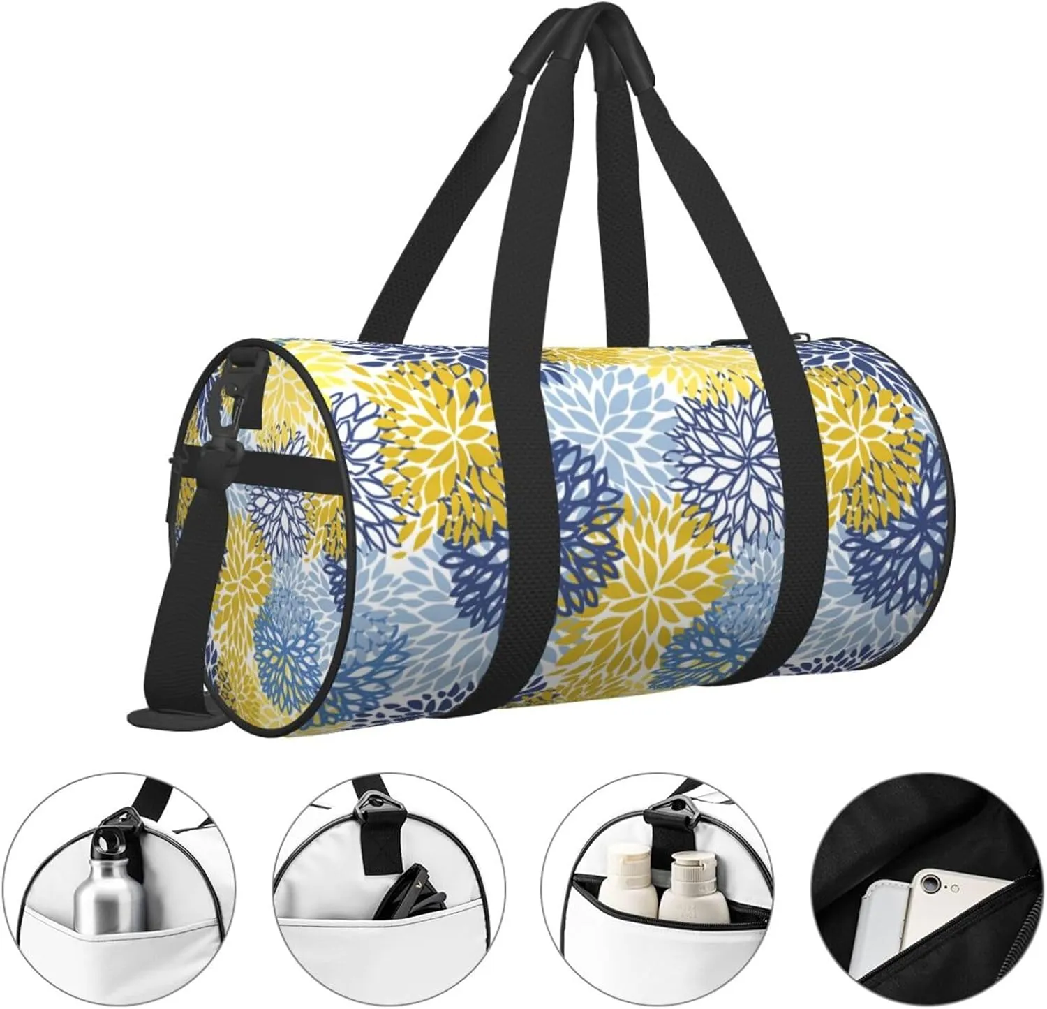 Blue Yellow And Navy Chrysanthemum Flowers Sports Gym Bag Daisy Floral Travel Duffel Bag Shoes Compartment For Men Women Foldable Lightweight Yoga Gym Sports Bag
