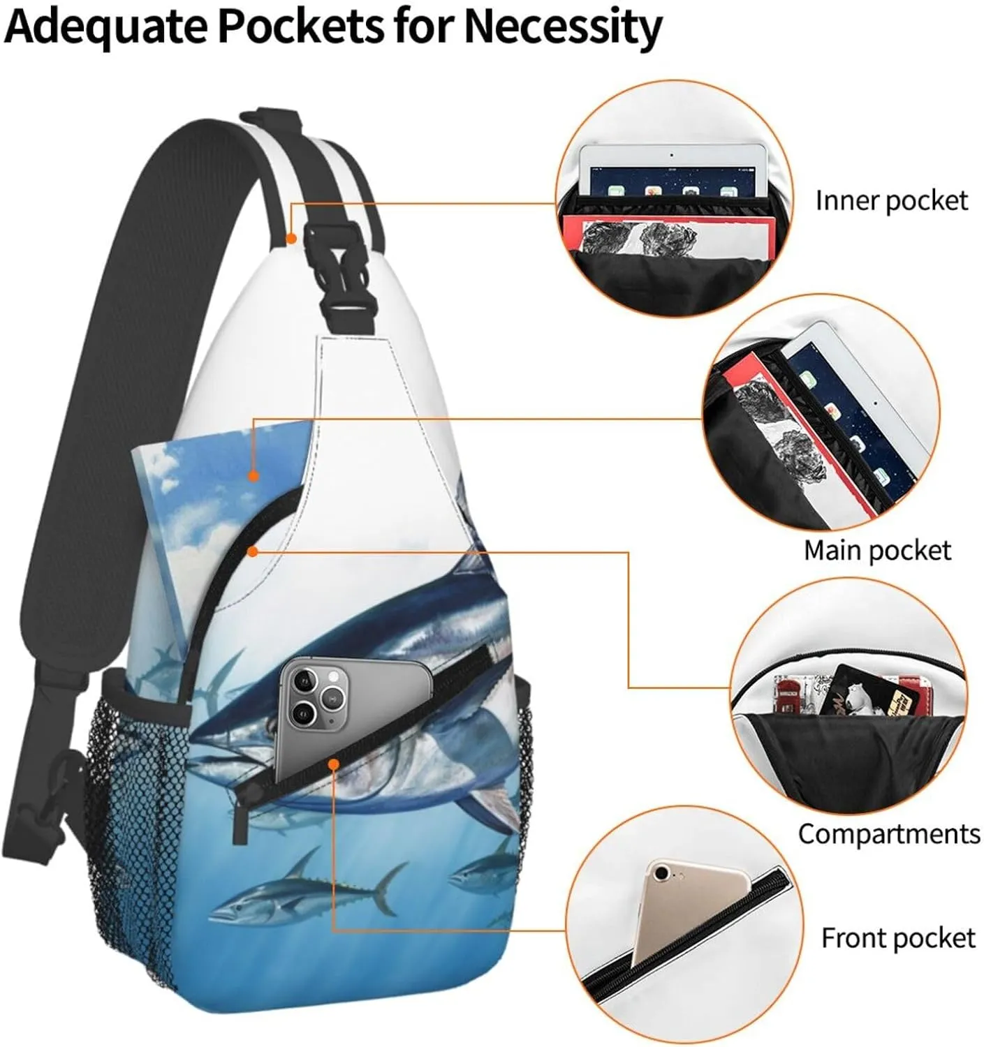 Bluefin Tuna Thunnus Sling Bag Backpack For Men Cross Chest Bag Crossbody Shoulder Bag Travel Hiking Daypack