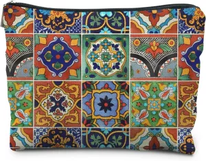 Bohemian Tile Pattern Makeup Bag, Ethnic Moroccan and Mexican Talavera Tile Cosmetic Bag for Women, Vintage Floral Makeup Pouch, Mexican Gifts for Women