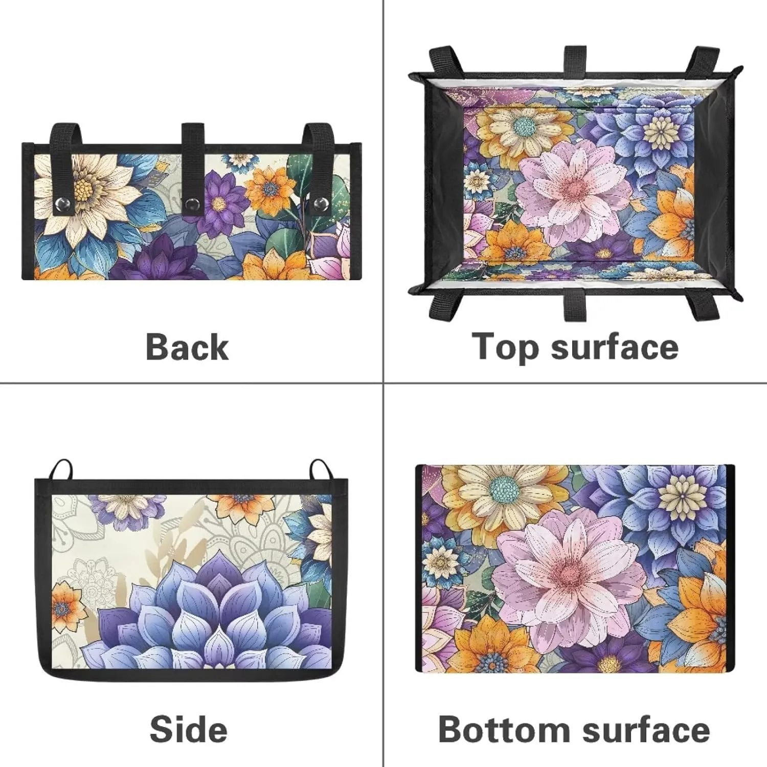Boho Flowers Walker Accessories Storage Bag Under Seat,Walker Bags for Rolling Walkers with Snap Buttons Basket Bags for Folding Walkers with Wheels