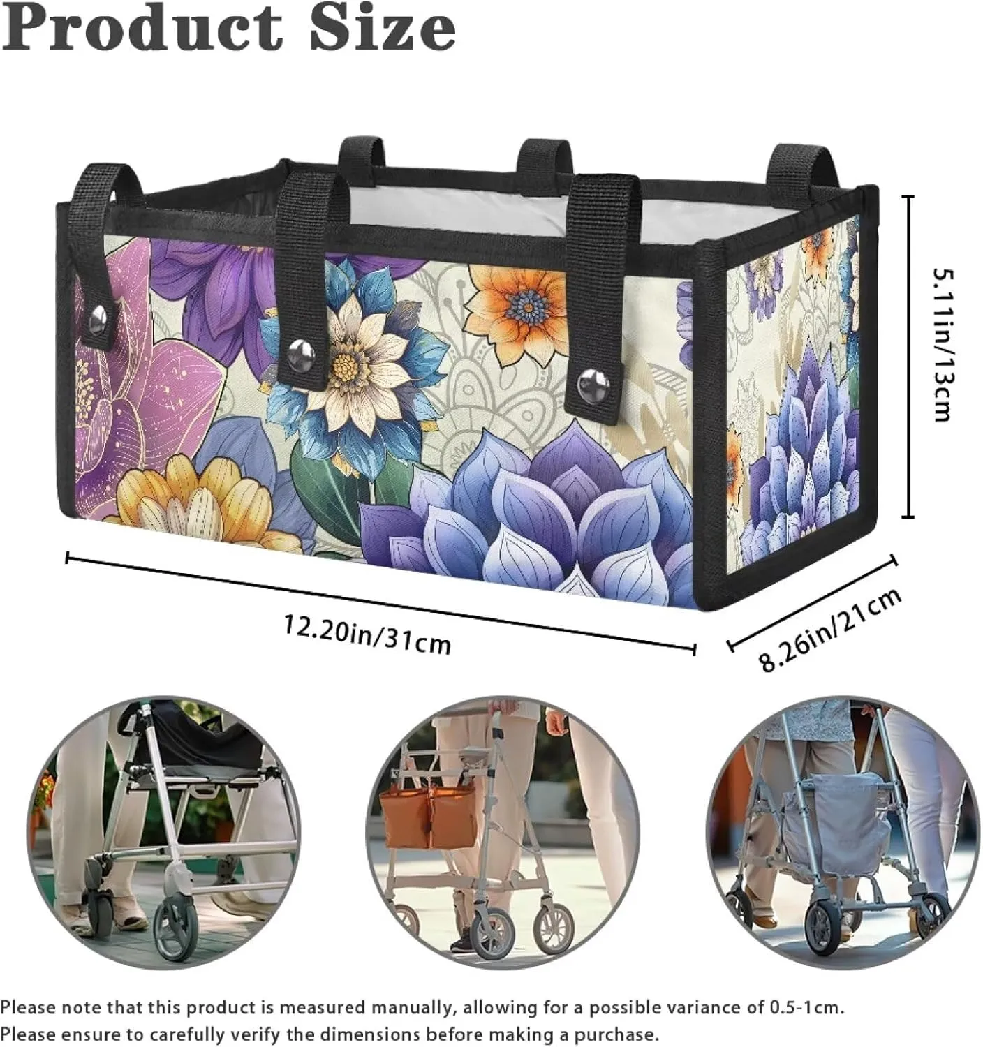 Boho Flowers Walker Accessories Storage Bag Under Seat,Walker Bags for Rolling Walkers with Snap Buttons Basket Bags for Folding Walkers with Wheels
