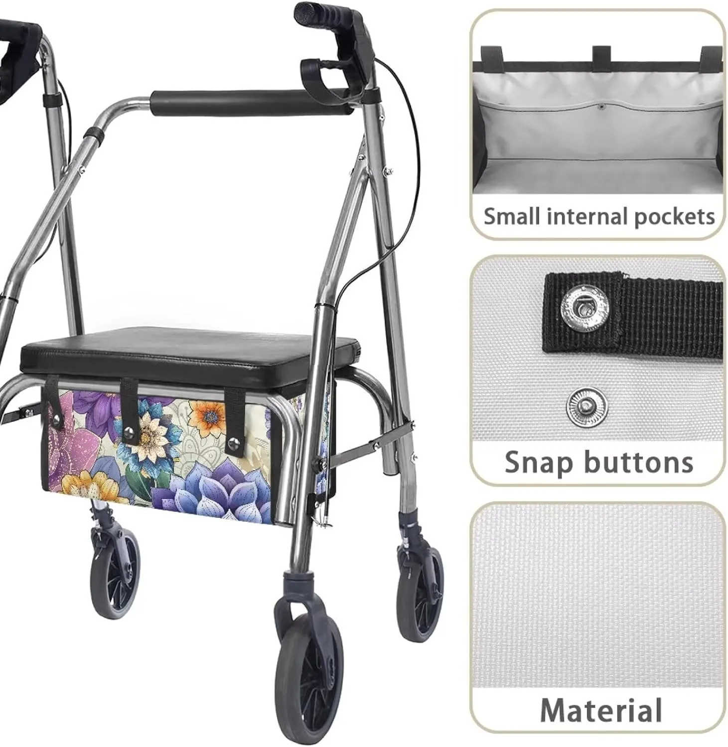 Boho Flowers Walker Accessories Storage Bag Under Seat,Walker Bags for Rolling Walkers with Snap Buttons Basket Bags for Folding Walkers with Wheels