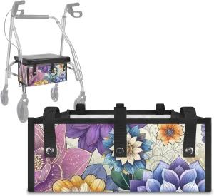 Boho Flowers Walker Accessories Storage Bag Under Seat,Walker Bags for Rolling Walkers with Snap Buttons Basket Bags for Folding Walkers with Wheels