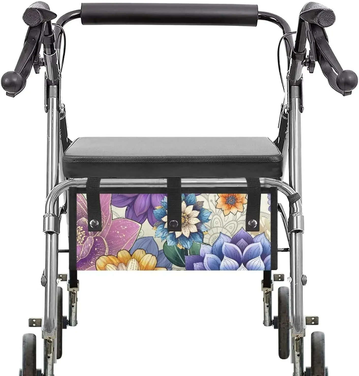 Boho Flowers Walker Accessories Storage Bag Under Seat,Walker Bags for Rolling Walkers with Snap Buttons Basket Bags for Folding Walkers with Wheels