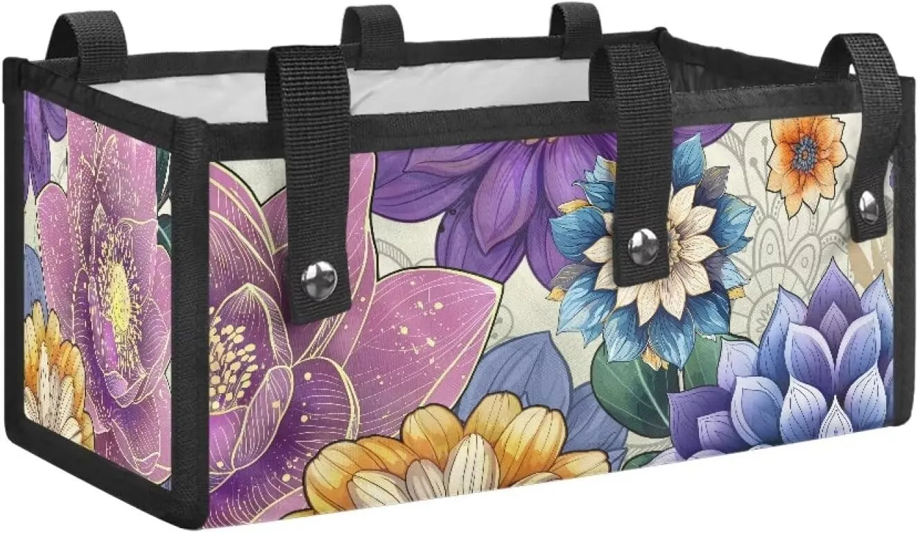 Boho Flowers Walker Accessories Storage Bag Under Seat,Walker Bags for Rolling Walkers with Snap Buttons Basket Bags for Folding Walkers with Wheels