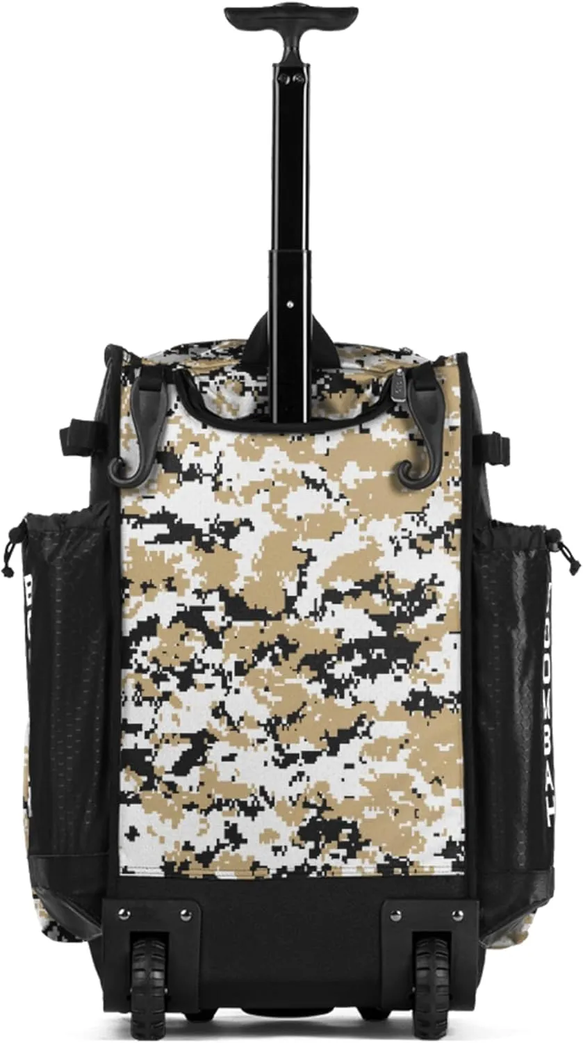 Boombah Rolling Superpack Baseball/Softball Gear Bag - 23-1/2" x 13-1/2" x 9-1/2" - Digital Camo Black/Vegas Gold - Telescopic Handle - Holds 4 Bats - Wheeled Version