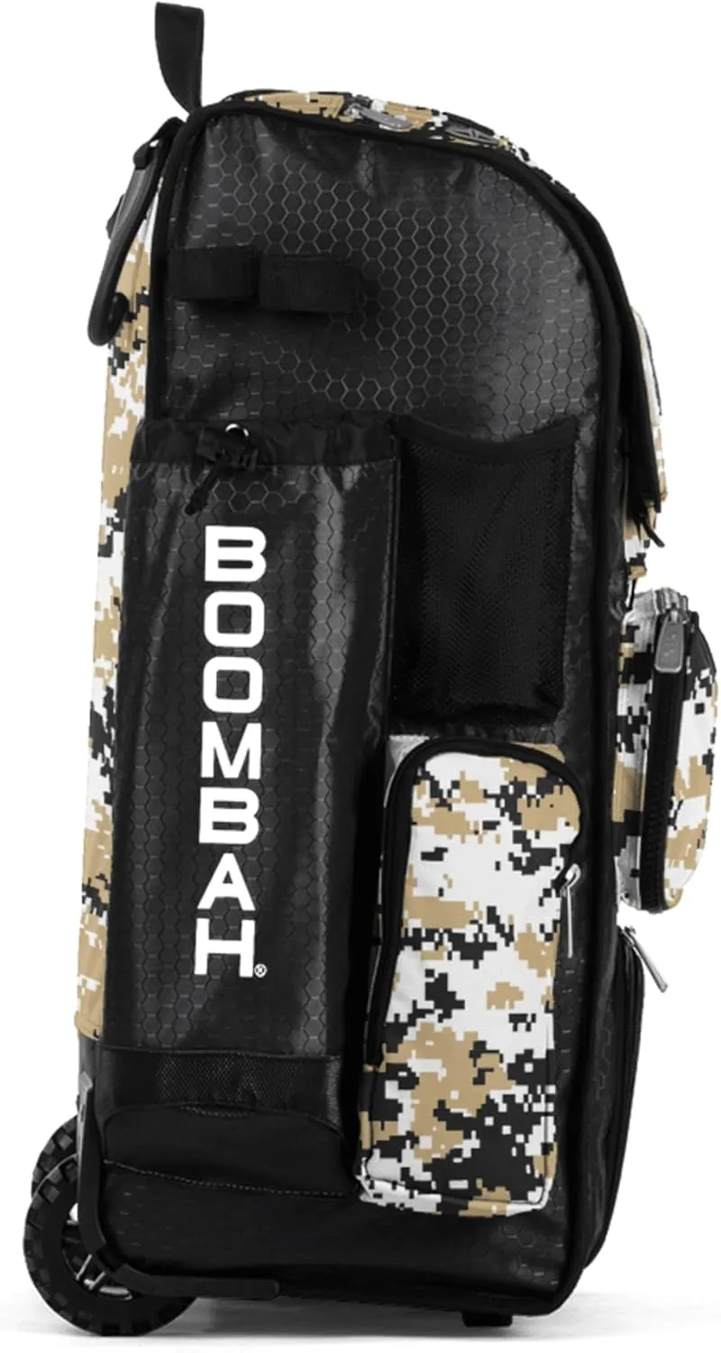 Boombah Rolling Superpack Baseball/Softball Gear Bag - 23-1/2" x 13-1/2" x 9-1/2" - Digital Camo Black/Vegas Gold - Telescopic Handle - Holds 4 Bats - Wheeled Version