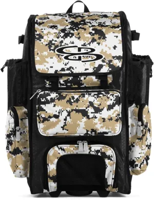Boombah Rolling Superpack Baseball/Softball Gear Bag - 23-1/2" x 13-1/2" x 9-1/2" - Digital Camo Black/Vegas Gold - Telescopic Handle - Holds 4 Bats - Wheeled Version