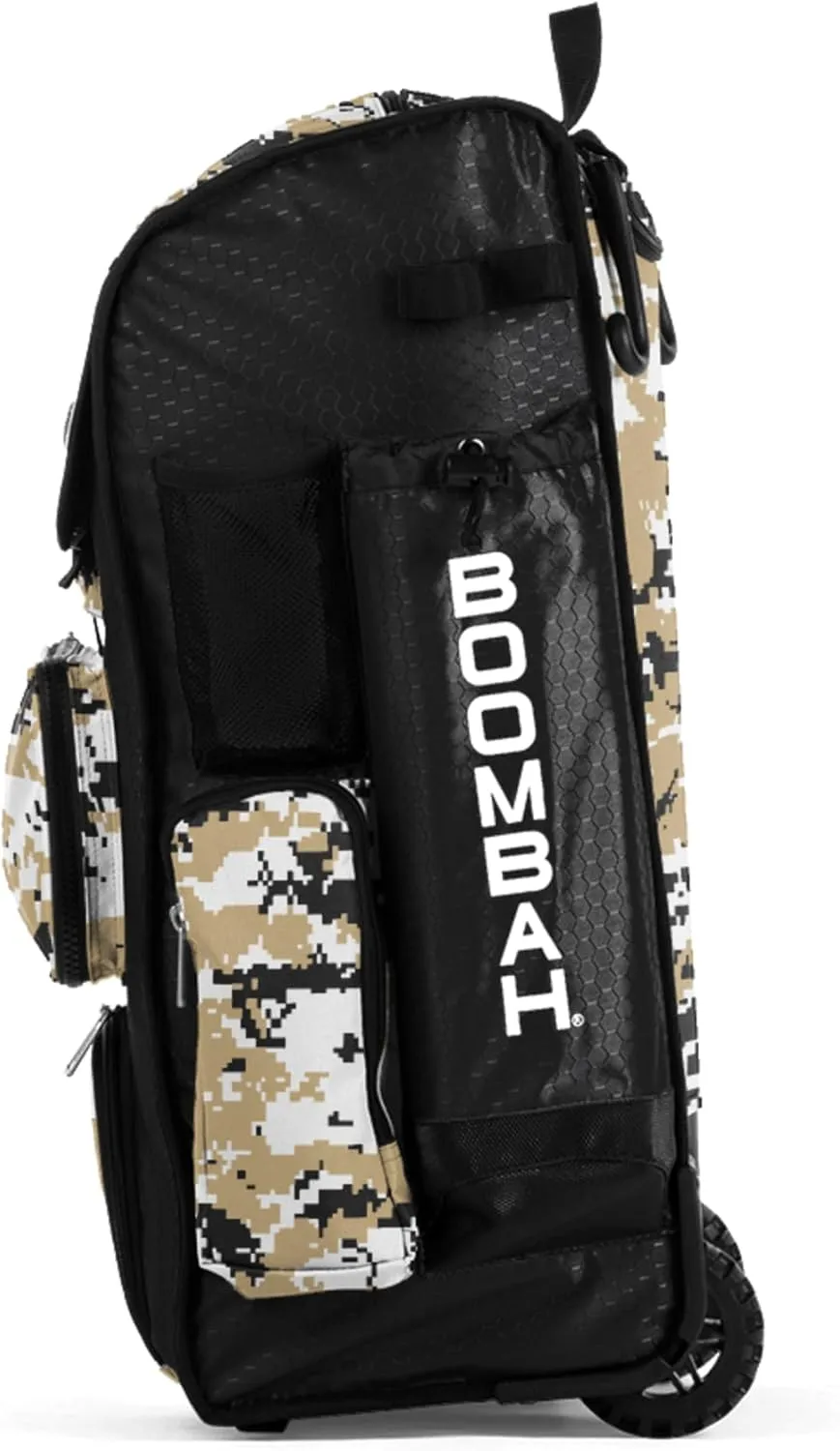 Boombah Rolling Superpack Baseball/Softball Gear Bag - 23-1/2" x 13-1/2" x 9-1/2" - Digital Camo Black/Vegas Gold - Telescopic Handle - Holds 4 Bats - Wheeled Version