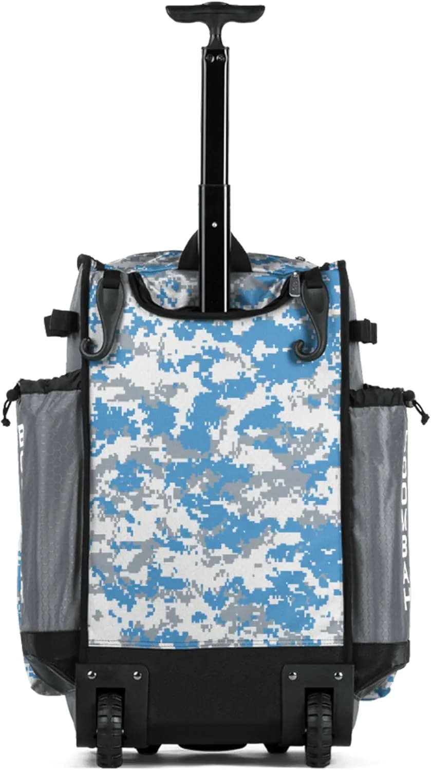 Boombah Rolling Superpack Baseball/Softball Gear Bag - BRSP2CMC23 Digital Camo Gray/Columbia Blue - Telescopic Handle - Holds 4 Bats - Wheeled Version
