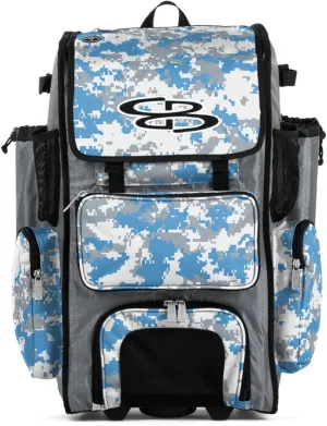 Boombah Rolling Superpack Baseball/Softball Gear Bag - BRSP2CMC23 Digital Camo Gray/Columbia Blue - Telescopic Handle - Holds 4 Bats - Wheeled Version