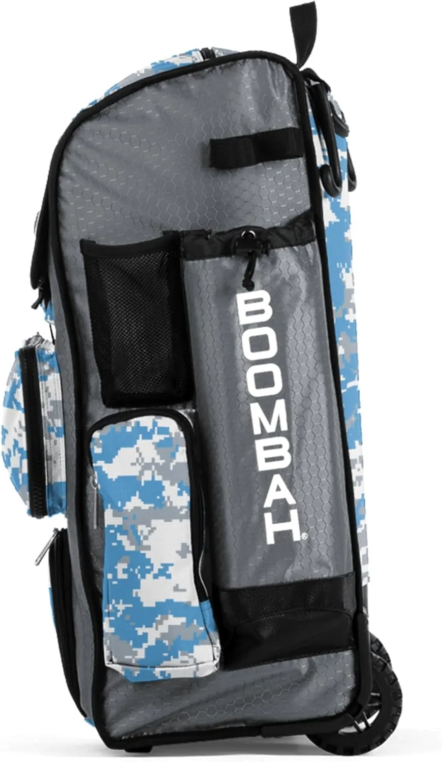 Boombah Rolling Superpack Baseball/Softball Gear Bag - BRSP2CMC23 Digital Camo Gray/Columbia Blue - Telescopic Handle - Holds 4 Bats - Wheeled Version