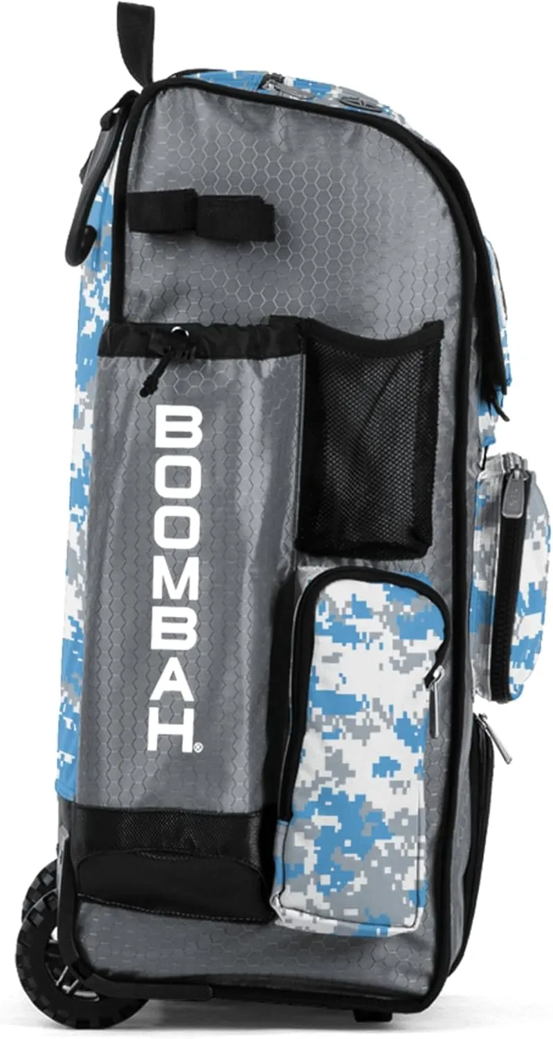 Boombah Rolling Superpack Baseball/Softball Gear Bag - BRSP2CMC23 Digital Camo Gray/Columbia Blue - Telescopic Handle - Holds 4 Bats - Wheeled Version