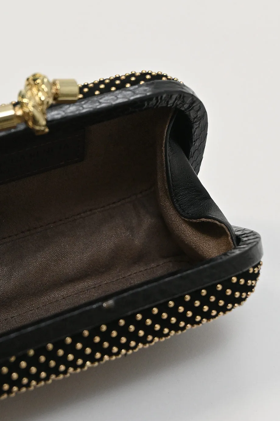 BOTTEGA VENETA Black embellished suede with python skin edges knot clutch