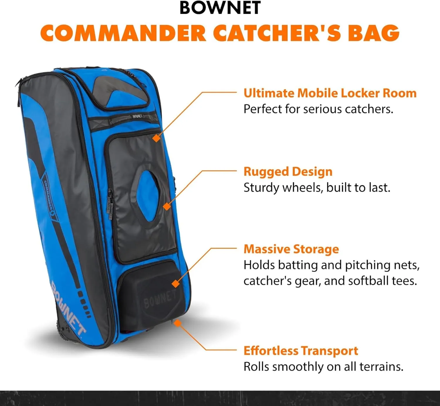 Bownet Commander Catcher’s Bag – Wheeled Baseball & Softball Gear Bag w/Helmet & Bat Storage, 14 Pockets, Travel Ready