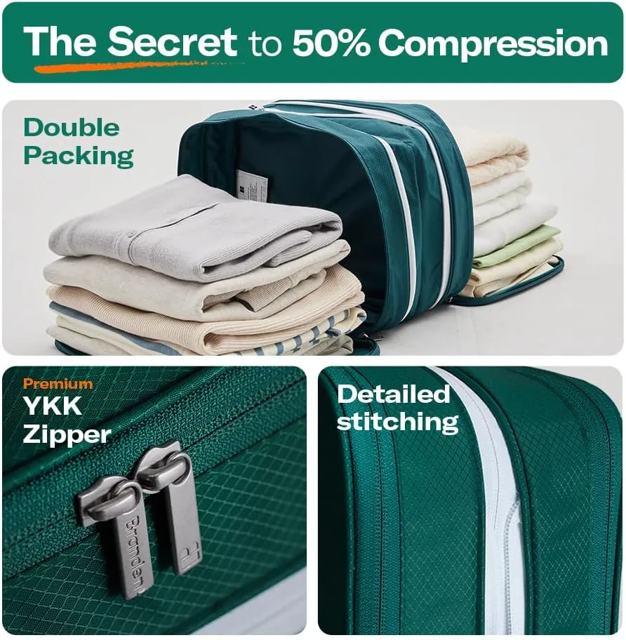 Branden Compression Packing Cube, Large, Green | Travel Essentials l Luggage Organizer l Self Compression Organizer for Travel l Overnight Trip, Road Trip, Beach, Cruise