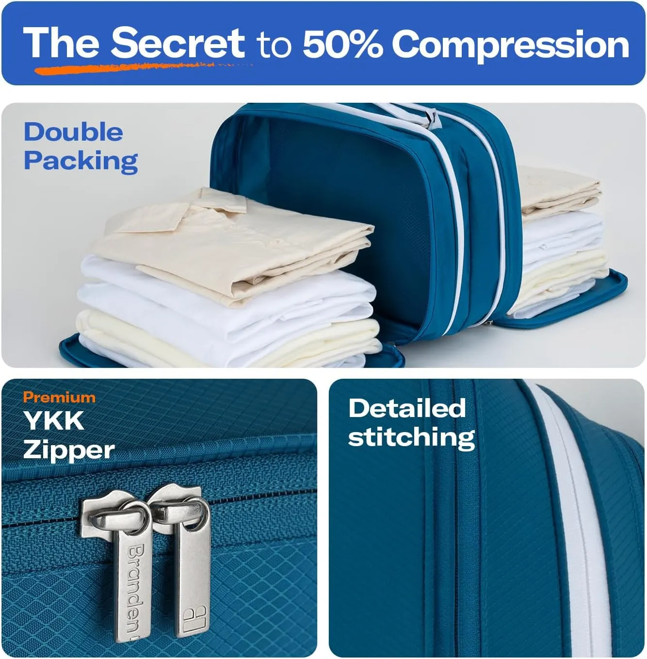 Branden Compression Packing Cube, X-Large, Blue | Travel Essentials l Luggage Organizer l Self Compression Organizer for Travel l Overnight Trip, Road Trip, Beach, Cruise