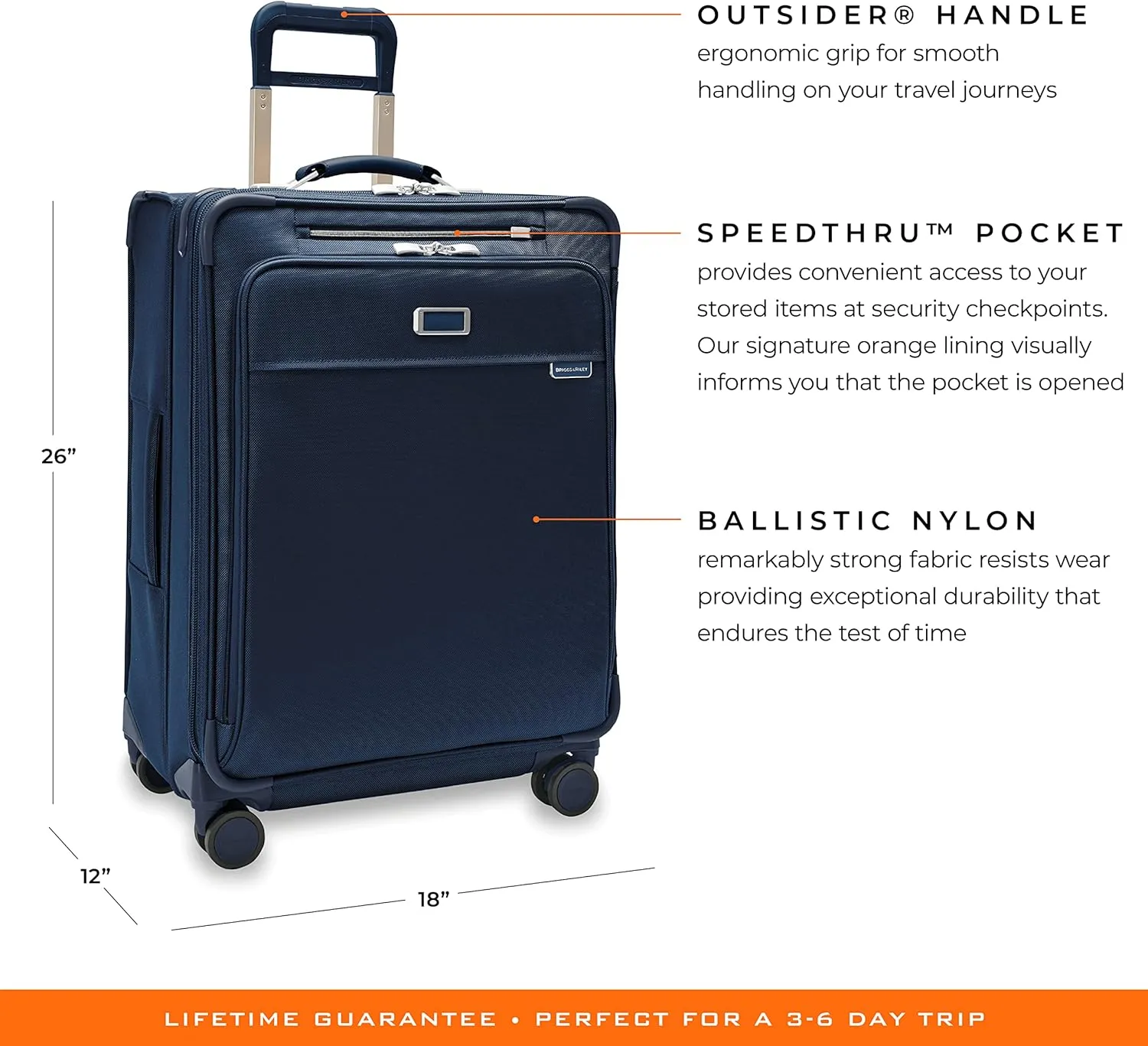 Briggs & Riley 26" Medium Expandable Spinner - Checked Luggage for Travel, Suitcases with Wheels, Softside Rolling Bag for Men & Women, Self-Repairing Zipper - Baseline Collection, Navy