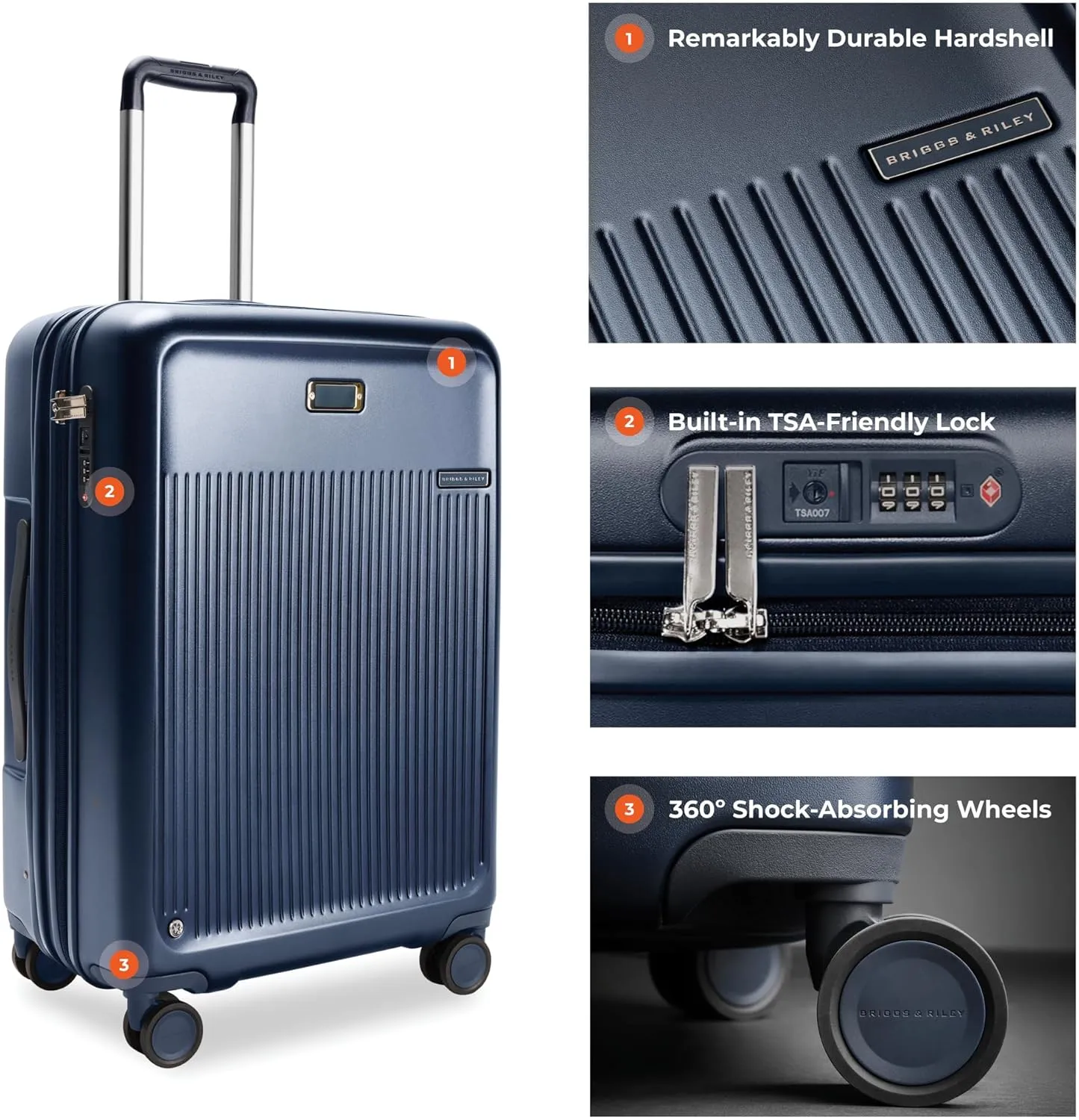 Briggs & Riley 27" Medium Expandable Spinner - Checked Luggage for Travel, Suitcases with Wheels, Hardside Rolling Bag for Men & Women, Self-Repairing Zipper - Sympatico Collection, Navy
