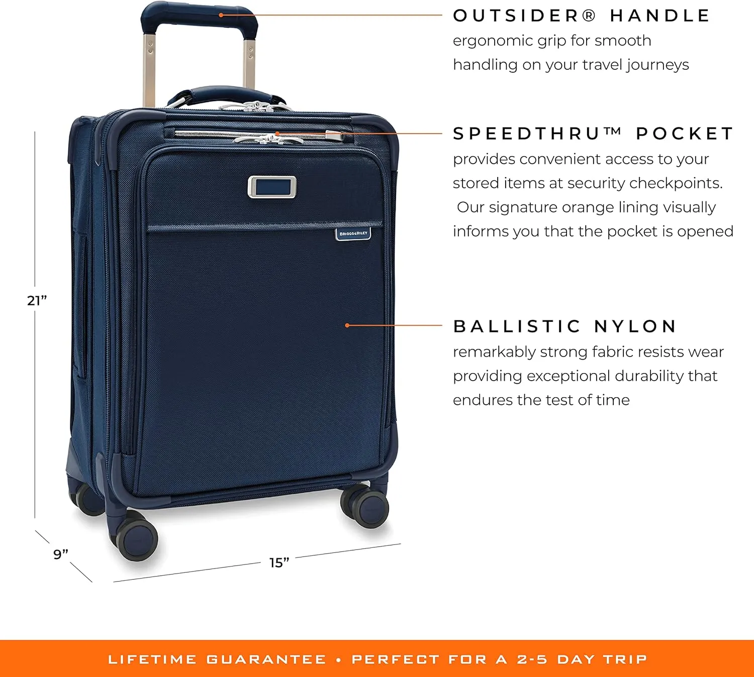 Briggs & Riley Global 21" Carry On Expandable Spinner - Luggage for International Travel, Suitcases with Wheels, Softside Rolling Bag for Men & Women, Self-Repairing Zipper - Baseline Collection, Navy