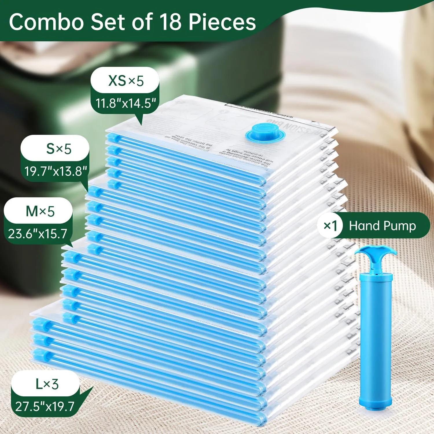 Brodi Travel Vacuum Bags with Pump - Compression Bags for Travel,Vacuum Storage Bags for Space Saver & Travel Essentials,Vacuum Seal Bags for Clothing,Travel Vacuum Bags for Luggage(18 Combo Pack)