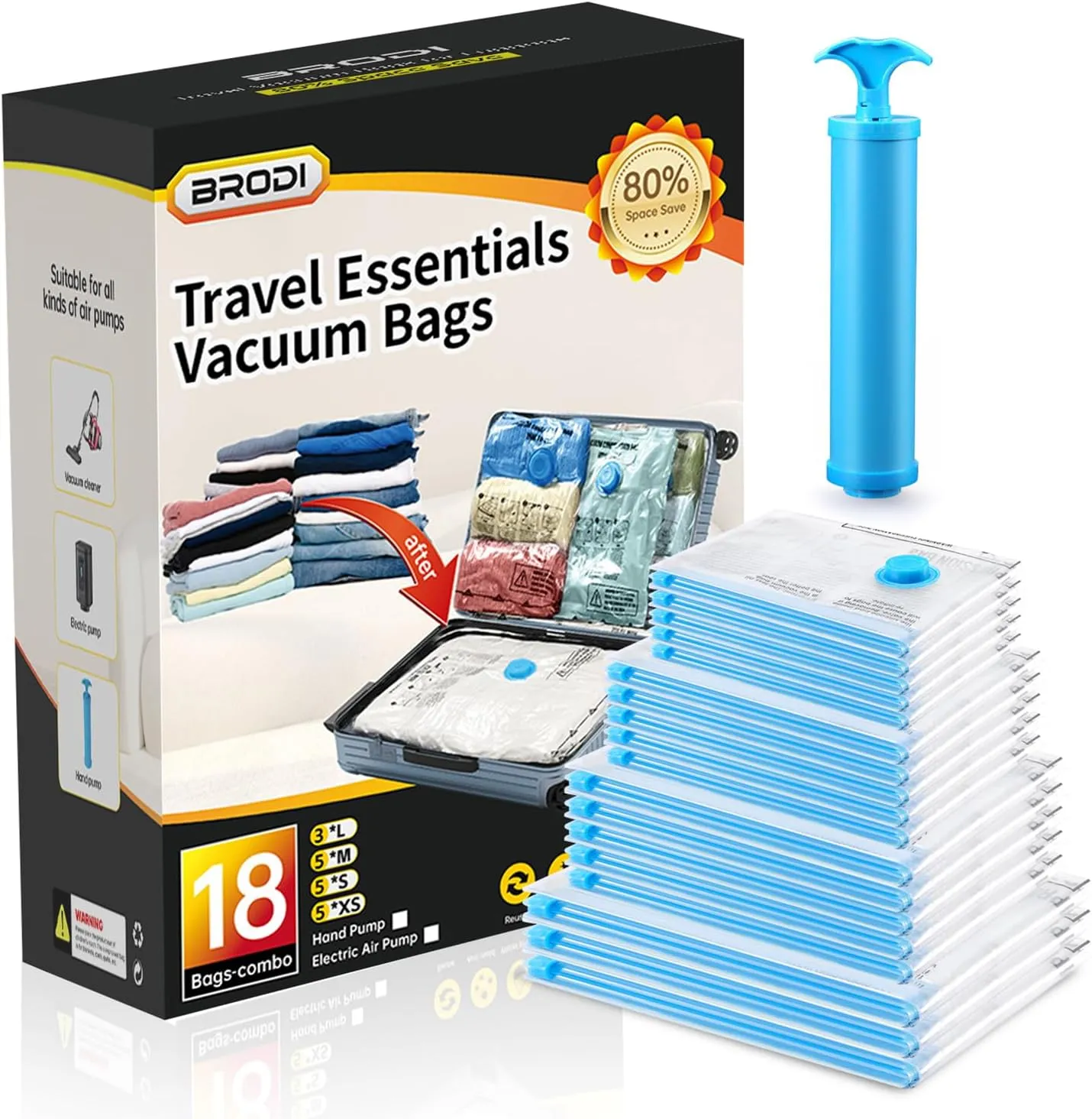 Brodi Travel Vacuum Bags with Pump - Compression Bags for Travel,Vacuum Storage Bags for Space Saver & Travel Essentials,Vacuum Seal Bags for Clothing,Travel Vacuum Bags for Luggage(18 Combo Pack)